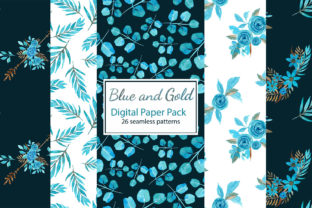 Blue and Gold Floral Digital Paper Pack and Patterns
