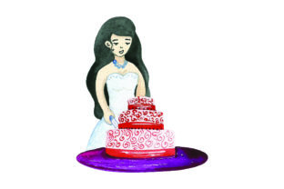 Bride Cutting Cake - Watercolor Wedding