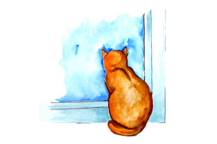 Cat Looking out Window in Watercolor Style and Cats