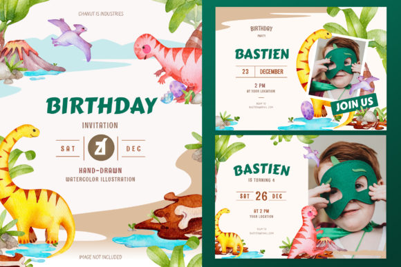 Dinosaur Theme Birthday Invitation Card and Print Templates