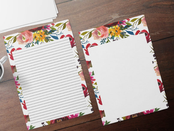 Floral Stationary, Lined and Unlined Set Print Templates