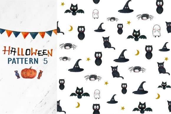 Halloween Seamless Pattern Owl Cat Bat