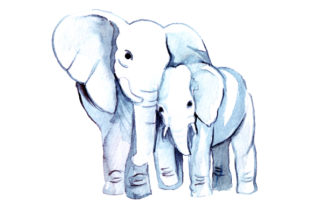 Mom and Baby Elephants in Watercolor Style