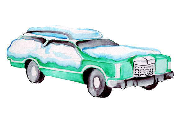 Station Wagon Covered in Snow in Watercolor Style